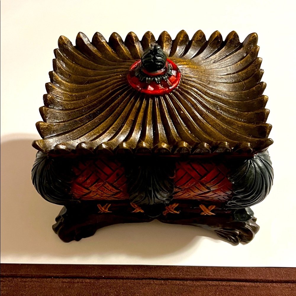 Vintage Ornate Brown and Red Decorative Treasures Box Heavy. Excellent Condition